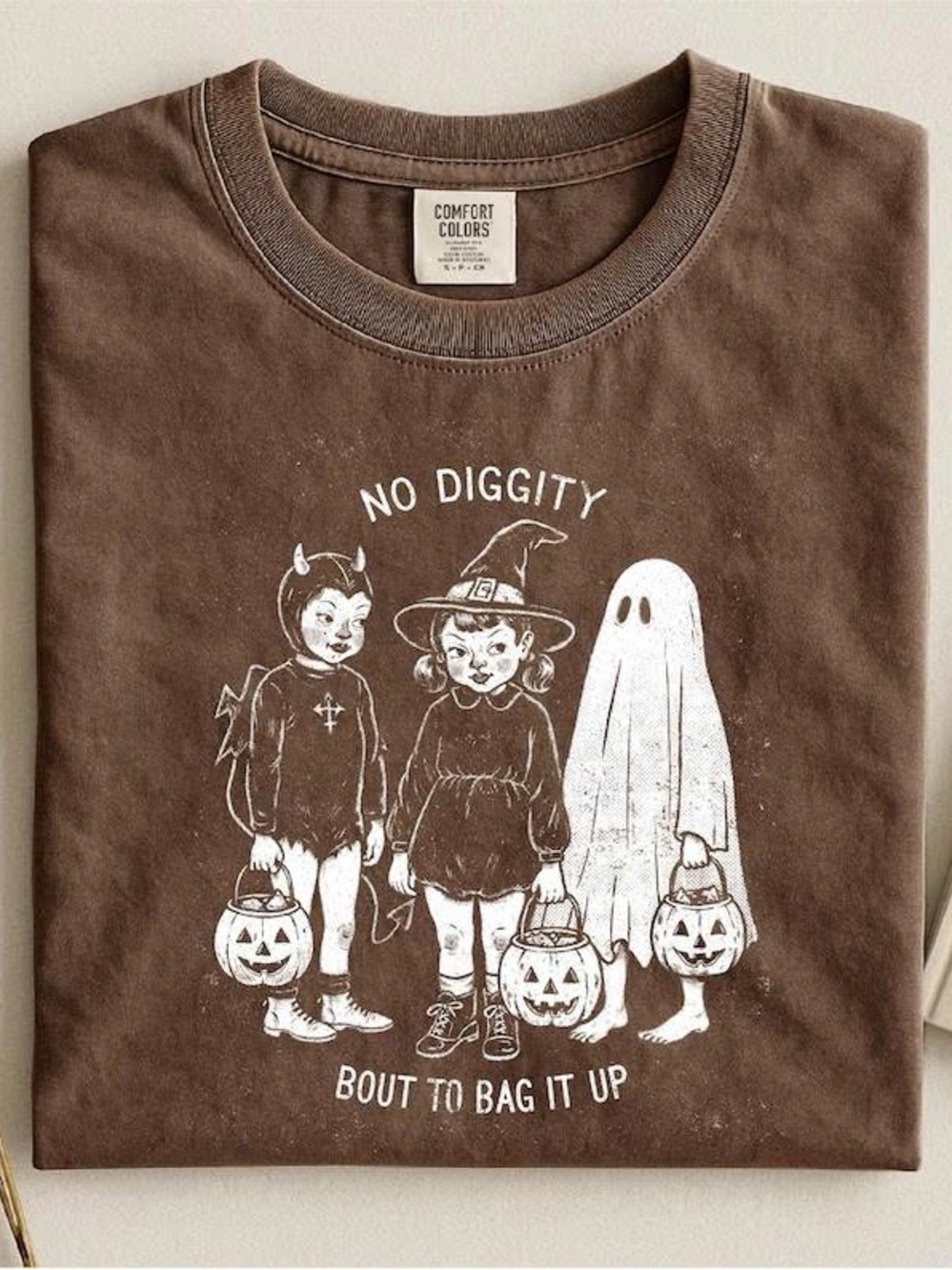 Comfort Colors Brown Kids Halloween Graphic Tee — No Diggity Trick-or-Treaters